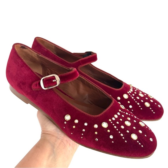 Le Monde Beryl Red Velvet Ballet Mary Jane Shoes with sunburst crystal EU 41 - Picture 2 of 12